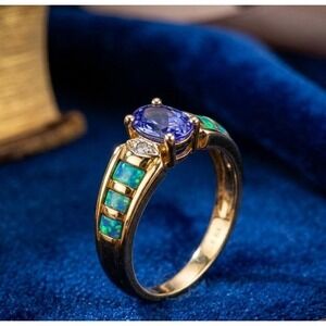 Vintage 18k Yellow Gold Tanzanite, Opal Diamond Accent Ring Estate Fine Jewelry